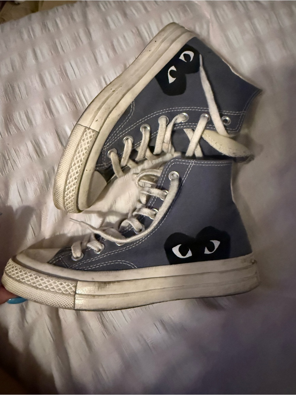 Comme des Garcons Kids High-Top Sneakers in Blue with Black Heart-Eye